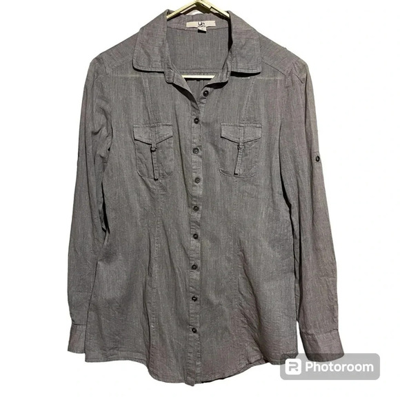 Ya Los Angeles Button Down Shirt Roll Tab Top Blouse Size S Womens Heather Grey - Picture 1 of 8